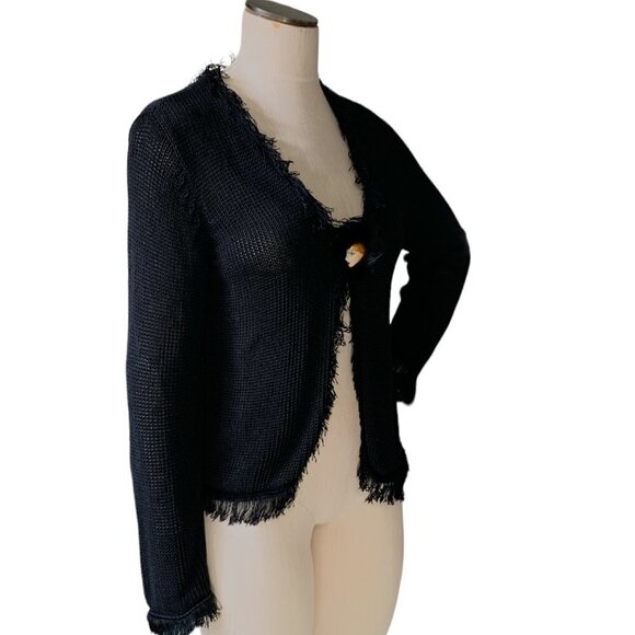 Chico's Linen Bl Fringe Open Cardigan & VTG Flapper Brooch Sz 2 L/12 Black #88G - Picture 4 of 9